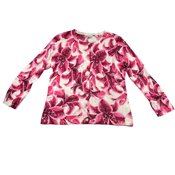 GARNET HILL Cardigan Sweater 100% Merino Wool Button Front Floral Pink‎ Medium - Picture 1 of 8